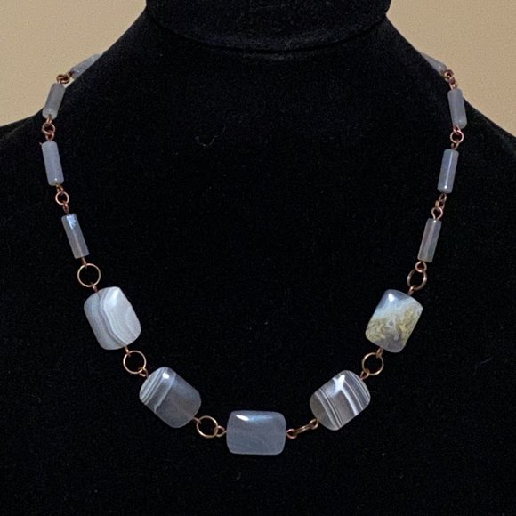 Geometric Banded Agate Necklace, Rustic Genuine Gemstone Copper Link Necklace - Picture 3 of 11